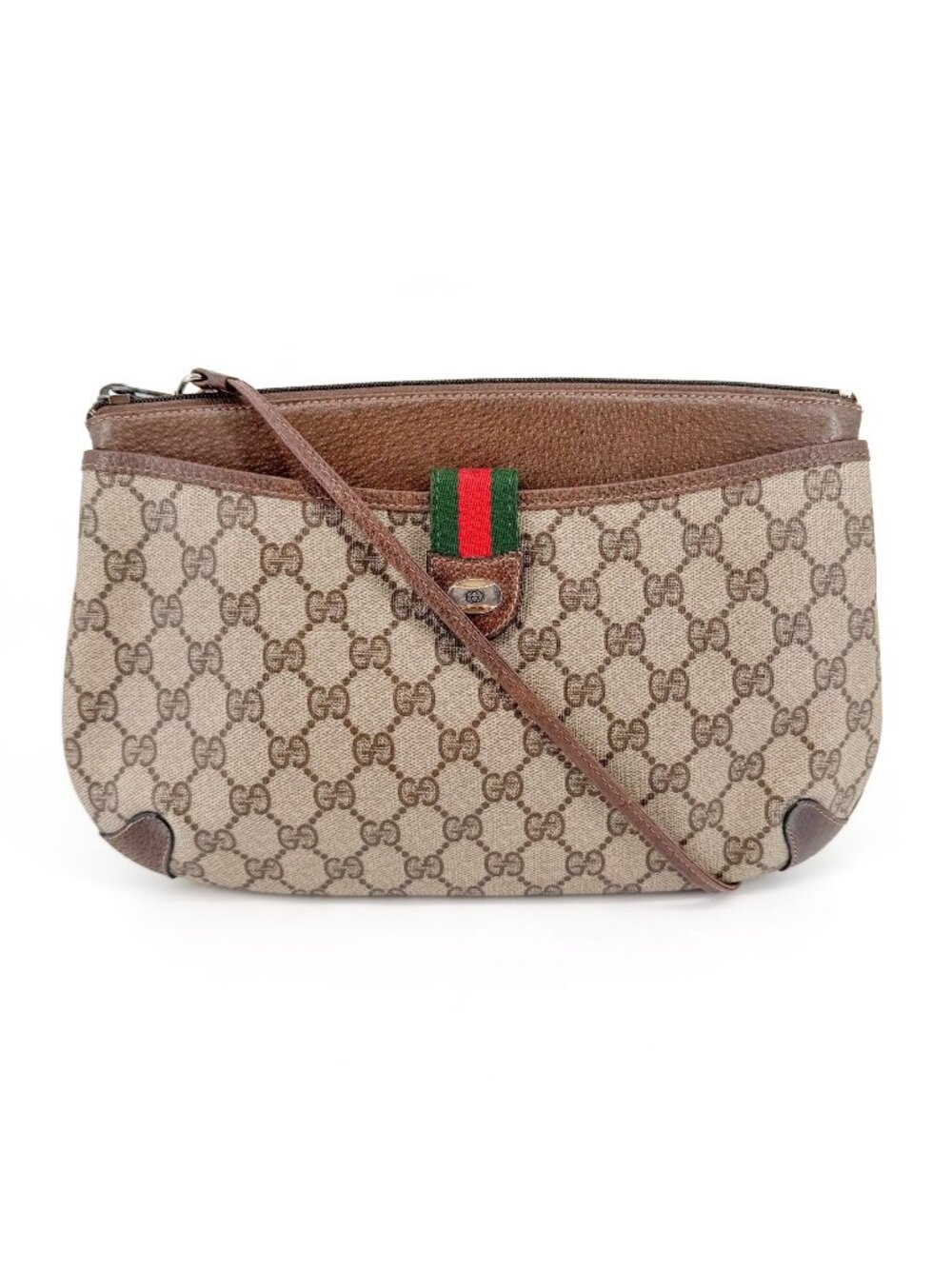 Gucci Beige GG Supreme Sherry Web Stripe Shoulder Crossbody Clutch Bag